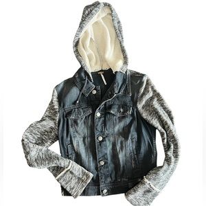 Free People black denim jacket with cotton sleeves and a hood